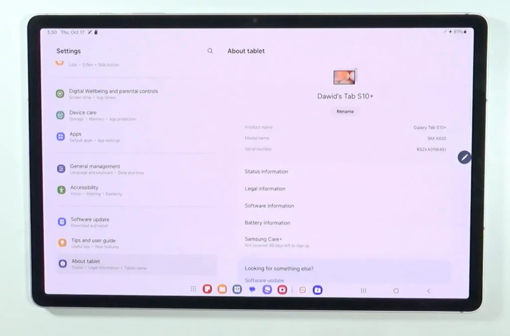 About section on Samsung Galaxy Tab s10+