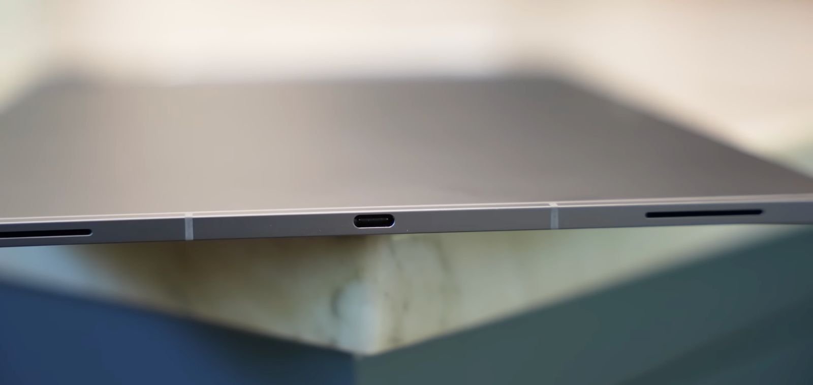 Close-up of the USB-C port and microSD card slot on the edge of the Samsung Galaxy Tab S11 Ultra