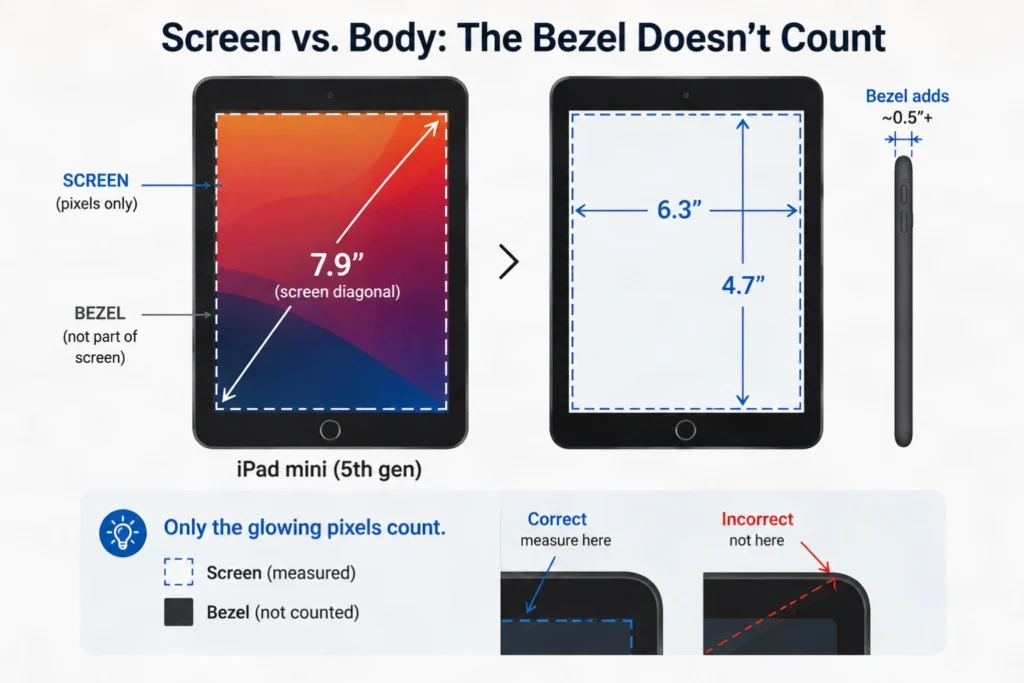 Visual comparison showing a tablet's lit screen area versus its total body size including bezels