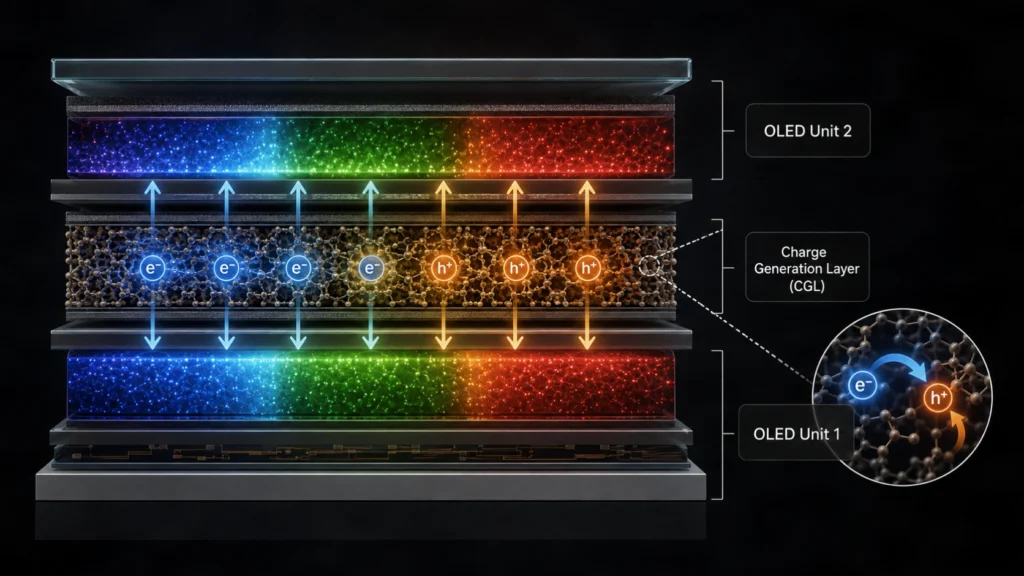 Scientific visualization of a tandem OLED cross-section focused on the charge generation layer, showing two vertically stacked OLED emissive units separated by a clearly highlighted charge generation layer, microscopic electrons and holes being generated and transferred toward the adjacent OLED units
