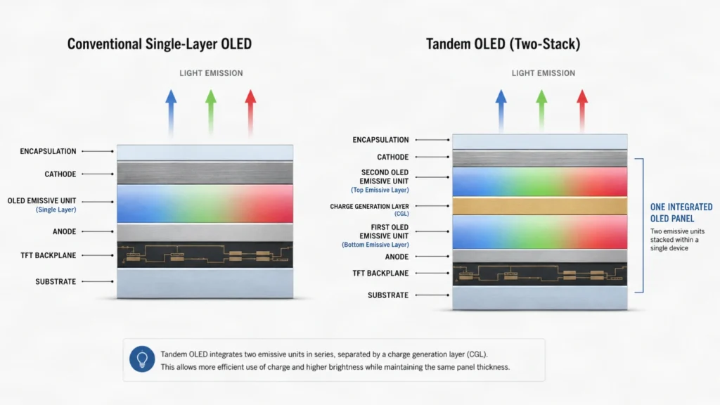 Technical cross-section diagram comparing a conventional single-layer OLED panel with a tandem OLED panel, side-by-side