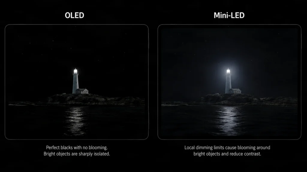 visual comparison between an OLED display and a mini-LED LCD display showing the same dark night scene with a small bright white object.