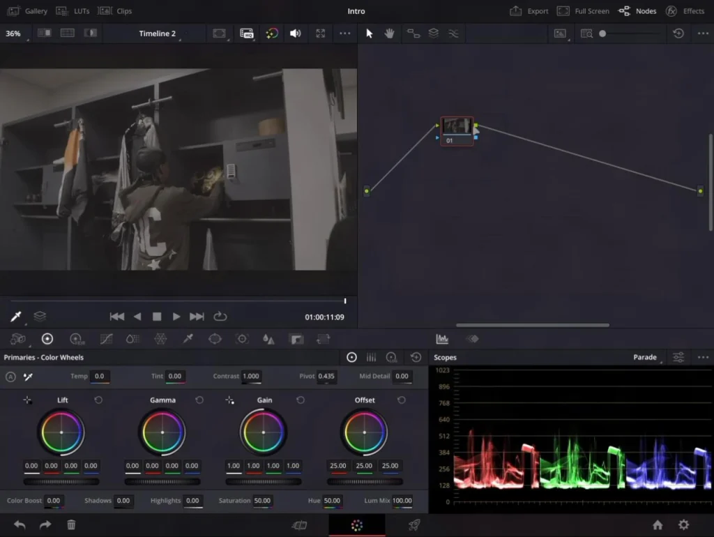iPad Pro M5 running DaVinci Resolve with professional color grading controls, node-based editing, scopes, and color wheels for advanced video production.