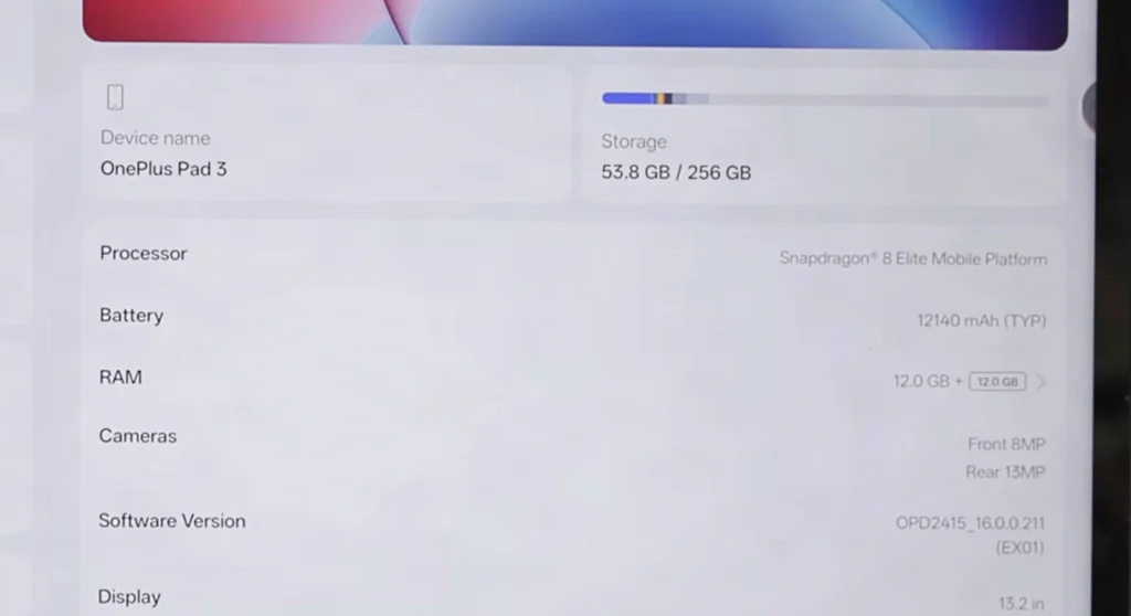 OnePlus Pad 3 Review (After Long Term Test) OnePlus Pad 3 settings screen showing its processor, battery, RAM, cameras, storage and 13.2-inch display