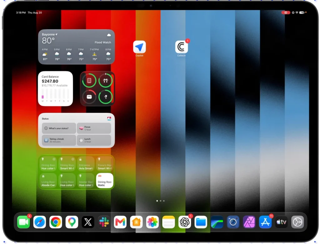 iPad home screen showcasing customizable widgets, app icons, dock, and tablet multitasking features on a large iPad display.